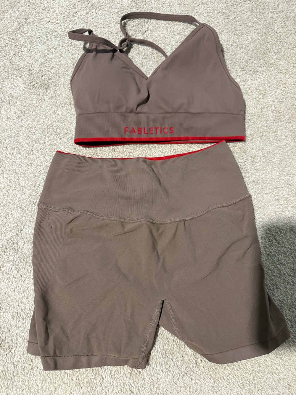 Fabletics Mauve-Brown Active Bra & Shorts with Red Trim